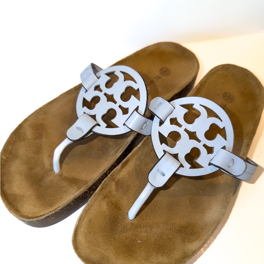 Tory Burch Miller Pale Blue Logo Thong Sandals Sz 8 Comfort Orthotic Cork Sole - Picture 3 of 10